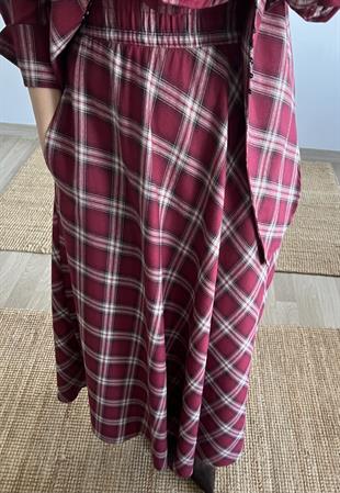 Bordo Ekoseli Beli Lastikli Cepli Etek uygun fiyatlarda www.butikhola.com adresinde