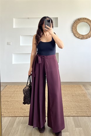 Bordo Kendinden Kuşaklı Pileli Pantolon uygun fiyatlarda www.butikhola.com adresinde