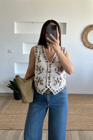 Çiçek Nakışlı Vintage Yelek uygun fiyatlarda www.butikhola.com adresinde