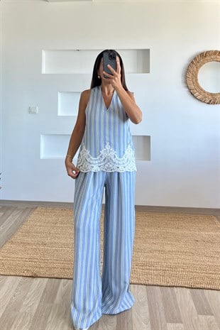Dantel Detaylı Mavi Çizgli Palazzo Pantolon Takım uygun fiyatlarda www.butikhola.com adresinde
