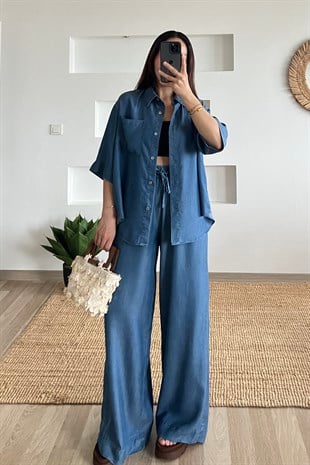 Dökümlü Tensel Gömlek Pantolon Takım uygun fiyatlarda www.butikhola.com adresinde