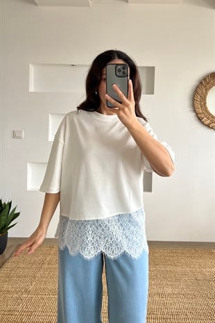 Ekru Asimetrik Dantel Detaylı Tshirt uygun fiyatlarda www.butikhola.com adresinde