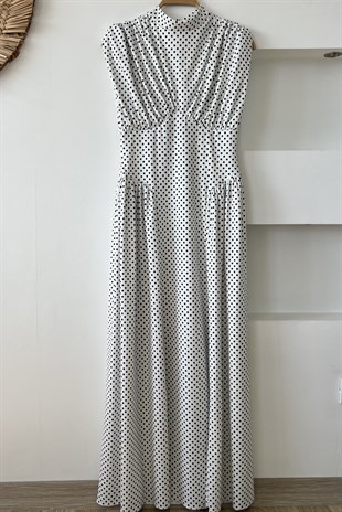 Ekru Belden Oturtmalı Puantiyeli Elbise uygun fiyatlarda www.butikhola.com adresinde