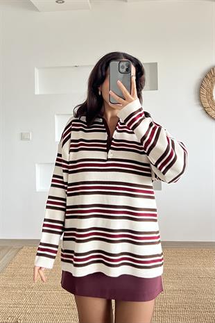 Ekru Çizgili Polo Yaka Kazak uygun fiyatlarda www.butikhola.com adresinde