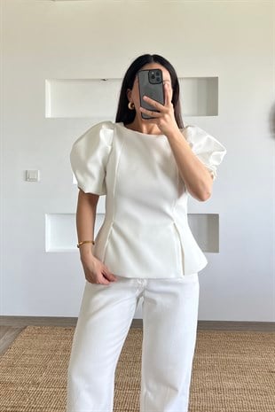 Ekru Fiyonk Detaylı Balon Kol Bluz uygun fiyatlarda www.butikhola.com adresinde