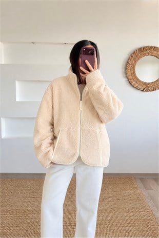 Ekru Kanguru Cep Suni Yün Ceket uygun fiyatlarda www.butikhola.com adresinde