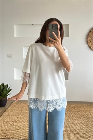 Ekru Sırt Dantel Detaylı Tshirt uygun fiyatlarda www.butikhola.com adresinde