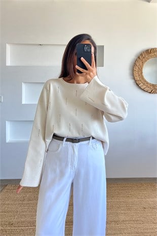 Ekru Yumuşak Dokulu Taş İşlemeli İnce Bluz uygun fiyatlarda www.butikhola.com adresinde