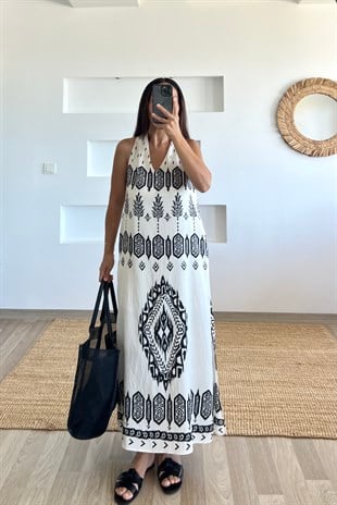 Etnik Desenli Boyundan Kemerli Elbise uygun fiyatlarda www.butikhola.com adresinde