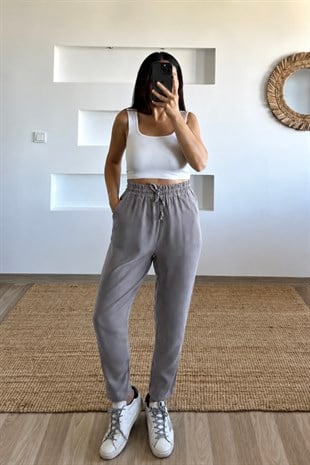 Gri Beli İplli Havuç Kesim Tensel Pantolon uygun fiyatlarda www.butikhola.com adresinde