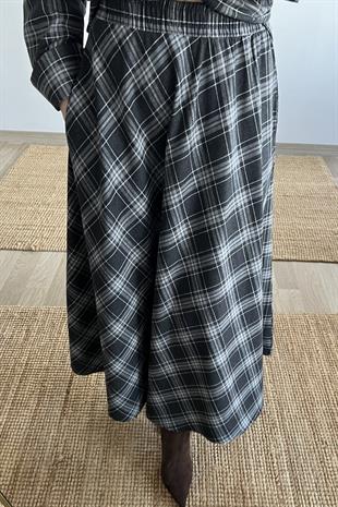 Gri Ekoseli Beli Lastikli Cepli Etek uygun fiyatlarda www.butikhola.com adresinde