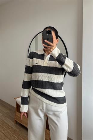 Gri Şeritli Polo Yaka Triko uygun fiyatlarda www.butikhola.com adresinde