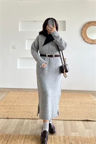 Gri Yumuşak Dokulu Triko Elbise uygun fiyatlarda www.butikhola.com adresinde