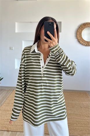 Haki Çizgili Polo Yaka Uzun Kol Tshirt uygun fiyatlarda www.butikhola.com adresinde