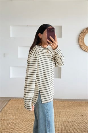 Haki Çizgili Yanı Yırtmaçlı Sweatshirt uygun fiyatlarda www.butikhola.com adresinde