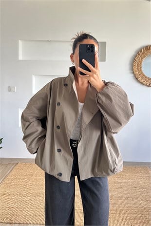 Haki Dik Yaka Kısa Trençkot uygun fiyatlarda www.butikhola.com adresinde