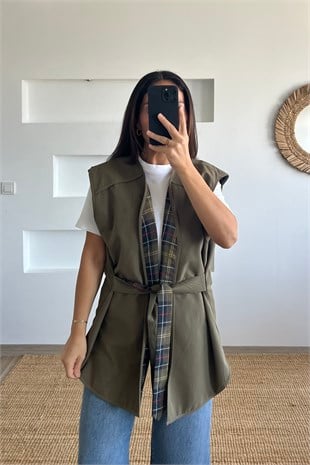 Haki İçi Ekoseli Trenç Yelek uygun fiyatlarda www.butikhola.com adresinde