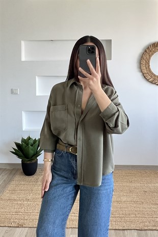 Haki Oversize Tensel Gömlek uygun fiyatlarda www.butikhola.com adresinde