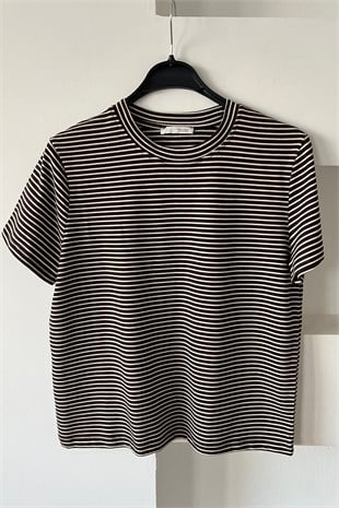 Kahve Çizgili Basic Tshirt uygun fiyatlarda www.butikhola.com adresinde