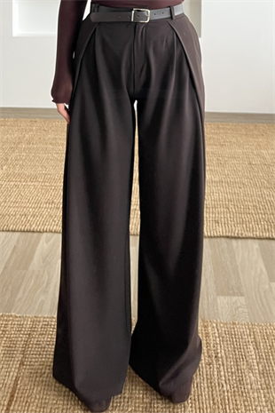 Kahve Pileli Kemerli Dökümlü Pantolon uygun fiyatlarda www.butikhola.com adresinde