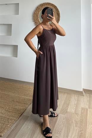 Kahverengi Bağlama Detaylı Beli Lastikli Elbise uygun fiyatlarda www.butikhola.com adresinde