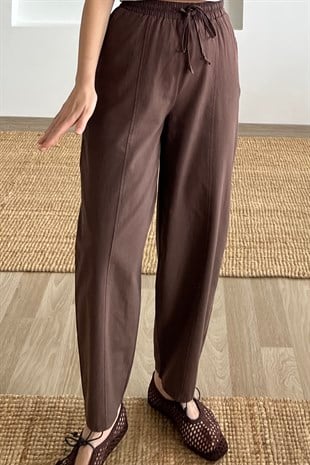 Kahverengi Barrel Ham Keten Pantolon uygun fiyatlarda www.butikhola.com adresinde