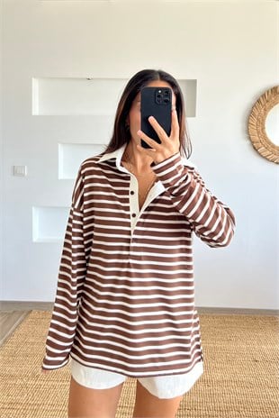 Kahverengi Çizgili Polo Yaka Uzun Kol Tshirt uygun fiyatlarda www.butikhola.com adresinde