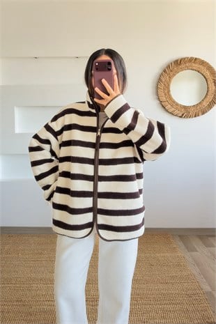 Kahverengi Çizgili Suni Yün Ceket uygun fiyatlarda www.butikhola.com adresinde