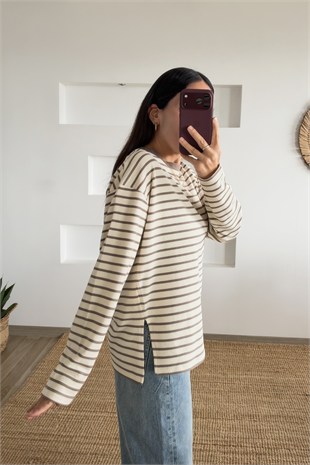 Kahverengi Çizgili Yanı Yırtmaçlı Sweatshirt uygun fiyatlarda www.butikhola.com adresinde