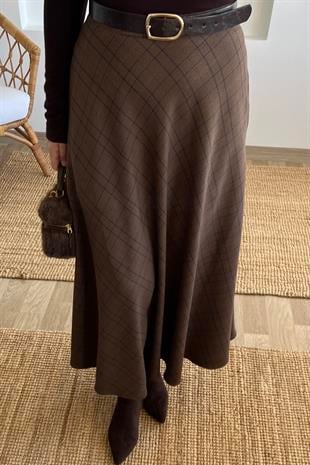 Kahverengi Ekoseli Cepli Midi Etek uygun fiyatlarda www.butikhola.com adresinde