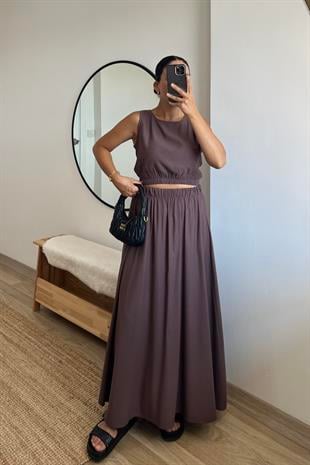 Kahverengi Keten Etek Bluz Takım uygun fiyatlarda www.butikhola.com adresinde