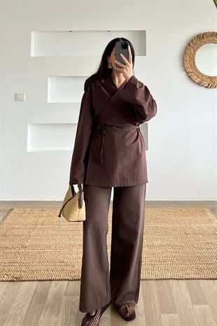 Kahverengi Kimono Pantolon Keten Takım uygun fiyatlarda www.butikhola.com adresinde