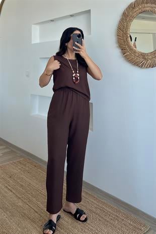 Kahverengi Kolyeli Keten Bluz Pantolon Takım uygun fiyatlarda www.butikhola.com adresinde