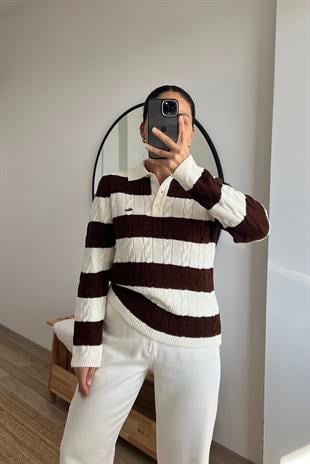 Kahverengi Şeritli Polo Yaka Triko uygun fiyatlarda www.butikhola.com adresinde