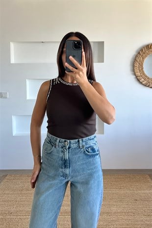 Kahverengi Taş Çakımlı Fitilli Kolsuz Tshirt uygun fiyatlarda www.butikhola.com adresinde