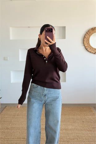Kahverengi Yumuşak Dokulu Polo Yaka Kazak uygun fiyatlarda www.butikhola.com adresinde