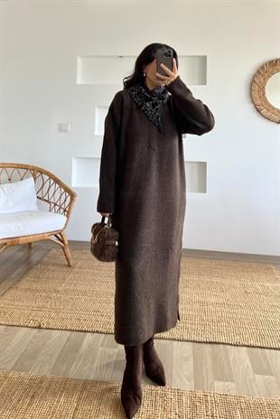 Kahverengi Yumuşak Dokulu Triko Elbise uygun fiyatlarda www.butikhola.com adresinde