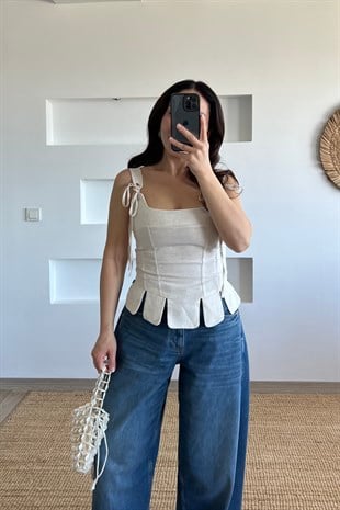 Keten Dilimli Korse Bluz uygun fiyatlarda www.butikhola.com adresinde