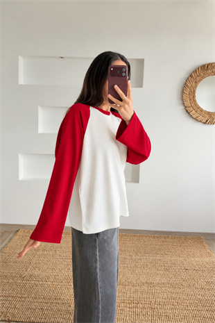 Kırmızı Reglan Kollu Sweatshirt uygun fiyatlarda www.butikhola.com adresinde