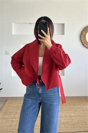 Kırmızı Şal Yaka Crop Trençkot uygun fiyatlarda www.butikhola.com adresinde