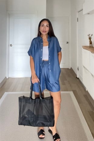 Koyu Mavi Şehir Boy Şortlu Tensel Takım uygun fiyatlarda www.butikhola.com adresinde