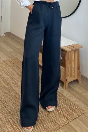 Lacivert Beli İpli Ham Keten Comfort Pantolon uygun fiyatlarda www.butikhola.com adresinde