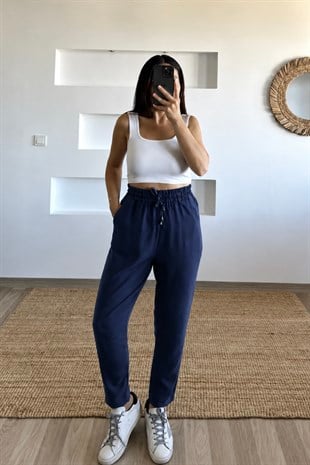 Lacivert Beli İplli Havuç Kesim Tensel Pantolon uygun fiyatlarda www.butikhola.com adresinde