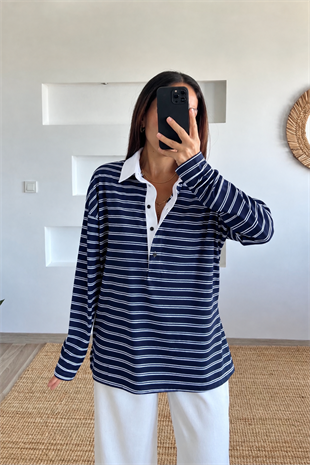 Lacivert Çizgili Polo Yaka Uzun Kol Tshirt uygun fiyatlarda www.butikhola.com adresinde
