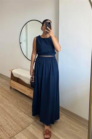 Lacivert Keten Etek Bluz Takım uygun fiyatlarda www.butikhola.com adresinde