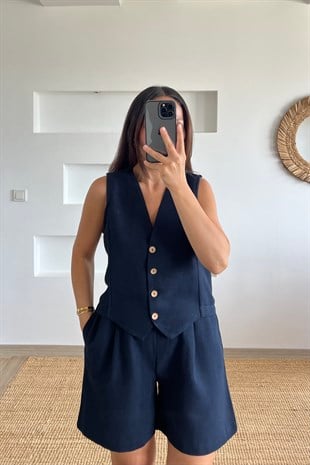 Lacivert Keten Yelek Şort Takım uygun fiyatlarda www.butikhola.com adresinde