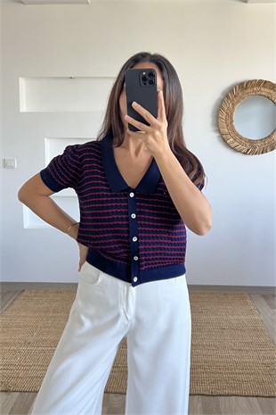 Lacivert Kısa Kol İnce Triko Hırka uygun fiyatlarda www.butikhola.com adresinde