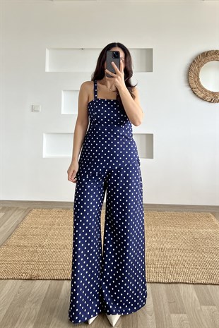 Lacivert Puantiyeli Ayarlanabilir Askılı Bluz Pantolon Takım uygun fiyatlarda www.butikhola.com adresinde