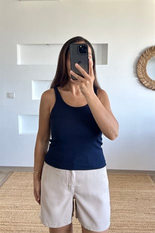Lacivert U Yaka Askılı Fitilli Atlet uygun fiyatlarda www.butikhola.com adresinde
