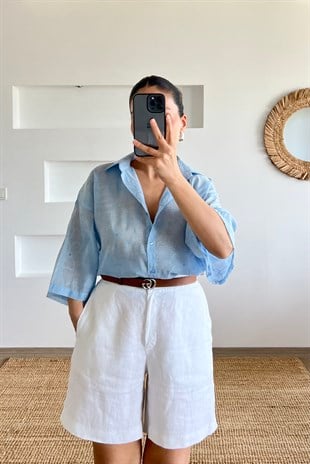 Mavi Çiçek Desenli Oversize Gömlek uygun fiyatlarda www.butikhola.com adresinde